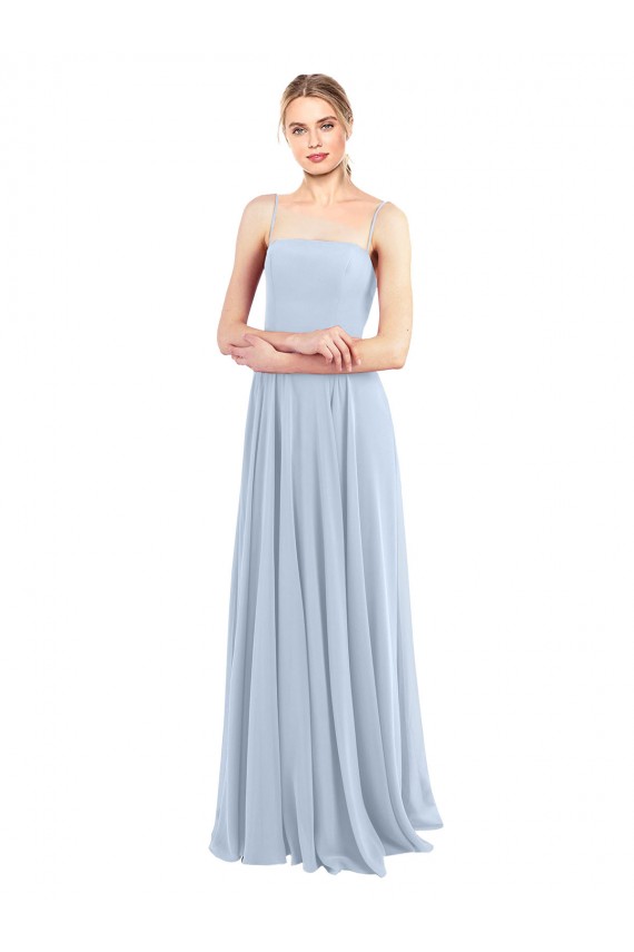 Mejores Azul cielo claro línea A Tirantes espagueti Cuadrado Gasa Largo Vestidos de dama de honor
