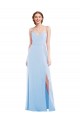 Mejores Azul cielo claro línea A Tirantes espagueti Cuello en V Gasa Largo Formales Vestidos de dama de honor / Vestidos de noche