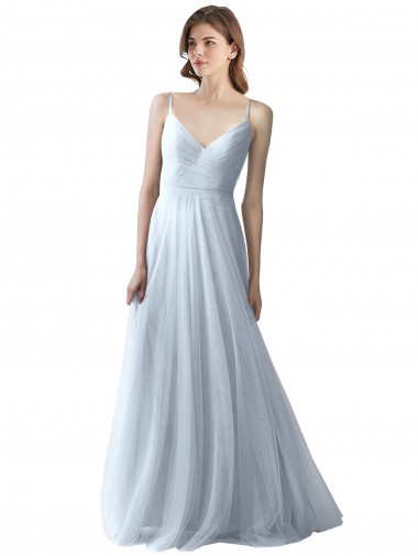 Mejores Azul cielo claro línea A Tirantes espagueti Cuello en V Tul Largo Vestidos de dama de honor
