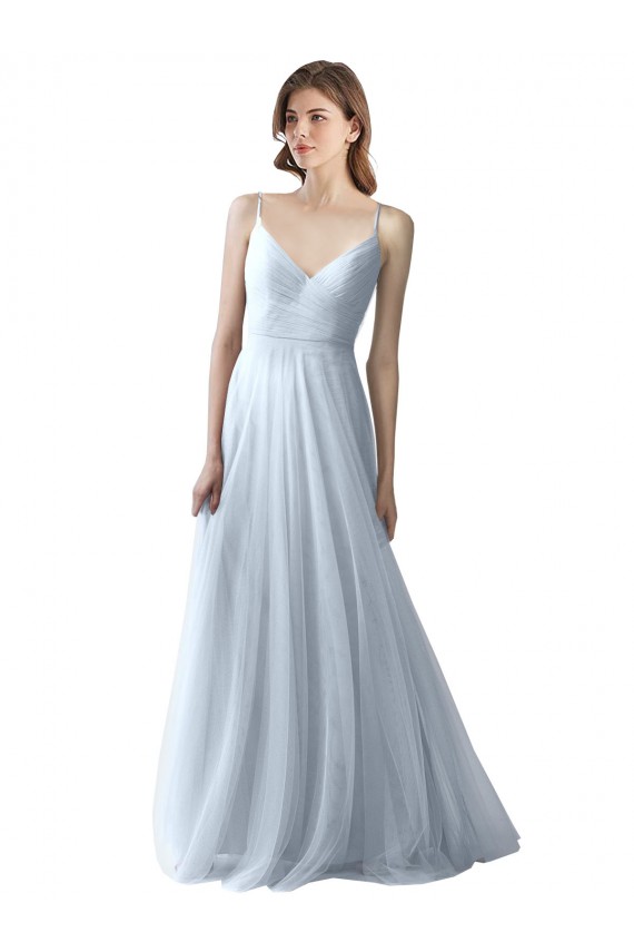 Mejores Azul cielo claro línea A Tirantes espagueti Cuello en V Tul Largo Vestidos de dama de honor