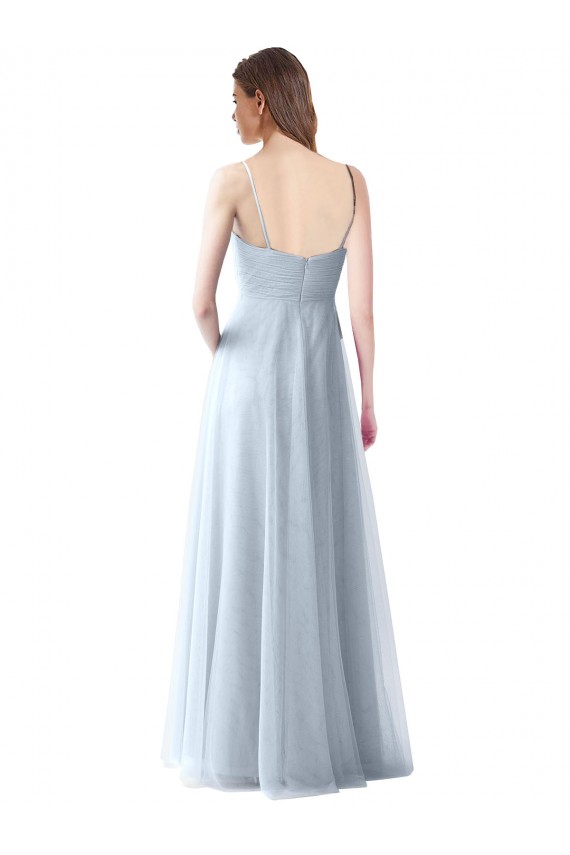 Mejores Azul cielo claro línea A Tirantes espagueti Cuello en V Tul Largo Vestidos de dama de honor