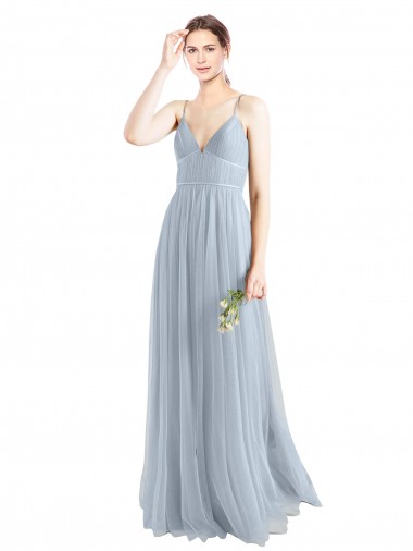 Mejores Azul cielo claro línea A Tirantes espagueti Cuello en V Tul Largo Vestidos de dama de honor