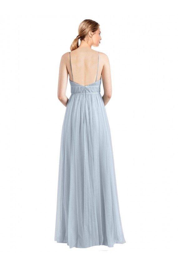 Mejores Azul cielo claro línea A Tirantes espagueti Cuello en V Tul Largo Vestidos de dama de honor