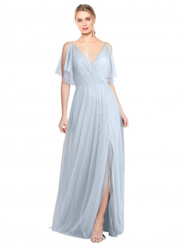 Mejores Azul cielo claro línea A Tirantes espagueti Cuello en V Tul Largo Vestidos de dama de honor