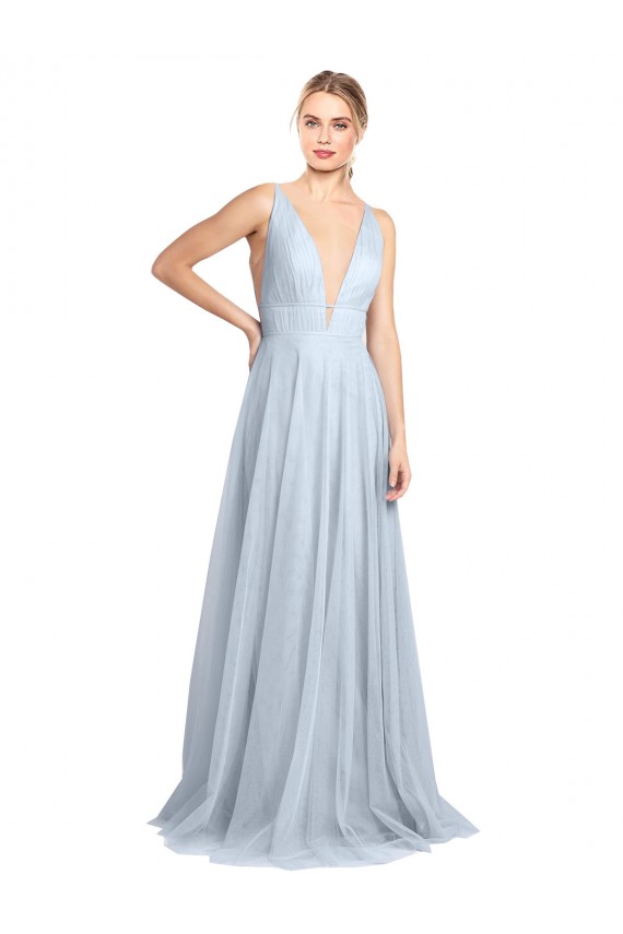 Mejores Azul cielo claro línea A Tirantes espagueti Cuello en V Tul Largo Vestidos de dama de honor