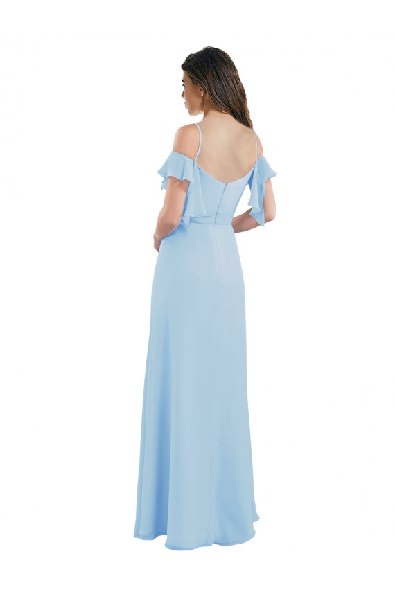 Mejores Azul cielo claro línea A Tirantes espagueti Gasa Largo Vestidos de dama de honor