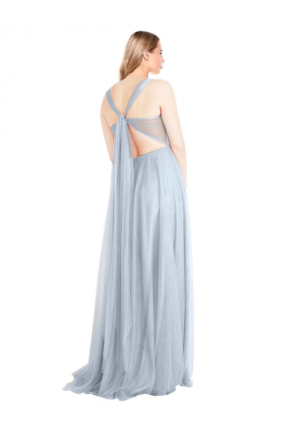 Mejores Azul cielo claro línea A Tirantes espagueti Tul Largo Vestidos de dama de honor