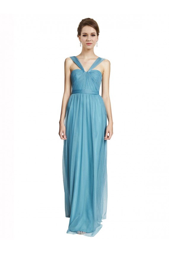Mejores Azul cielo línea A Tirantes espagueti Halter Cuello en V Tul Largo Vestidos de dama de honor