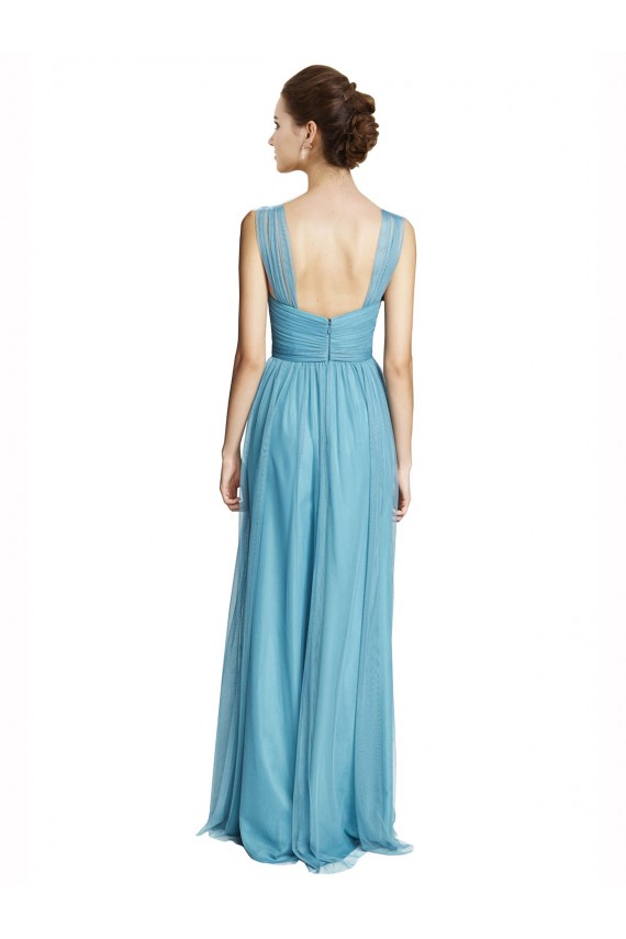 Mejores Azul cielo línea A Tirantes espagueti Halter Cuello en V Tul Largo Vestidos de dama de honor