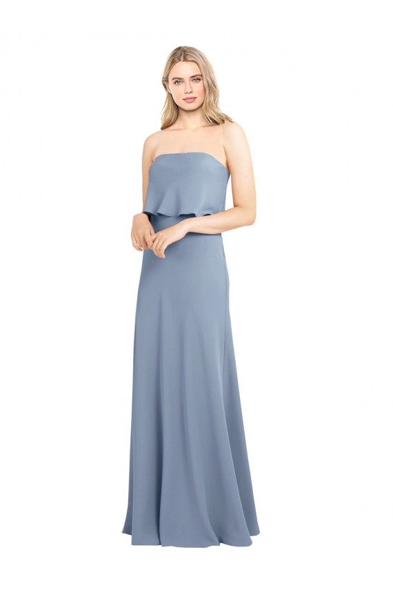 Mejores Azul humo Cubierta Cuello Alto Crepé Elástico Largo Formales Vestidos de dama de honor / Vestidos de fiesta