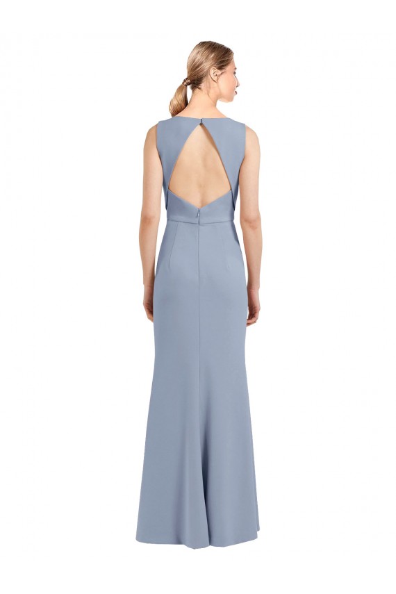 Mejores Azul humo Cubierta Cuello Barco Cuello Alto Crepé Elástico Largo Vestidos de dama de honor