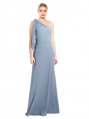 Mejores Azul humo Cubierta Un Hombre Crepé Elástico Largo Formales Vestidos de dama de honor / Vestidos de fiesta