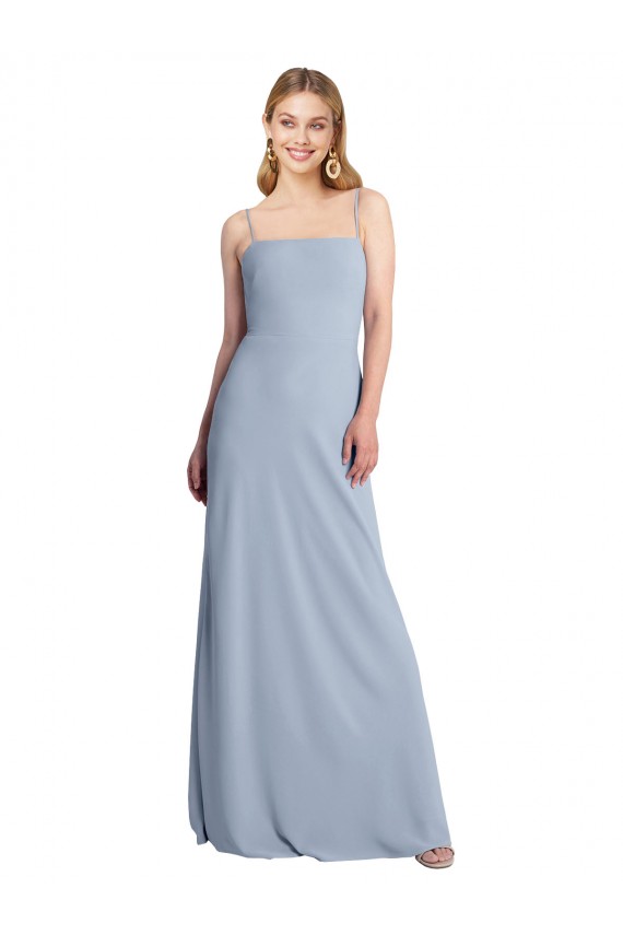 Mejores Azul humo línea A Cuadrado Crepé Elástico Largo Vestidos de dama de honor / Vestidos de fiesta