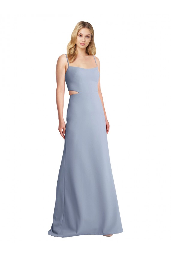 Mejores Azul humo línea A Tirantes espagueti Cucharón Crepé Elástico Largo Vestidos de dama de honor / Vestidos de fiesta