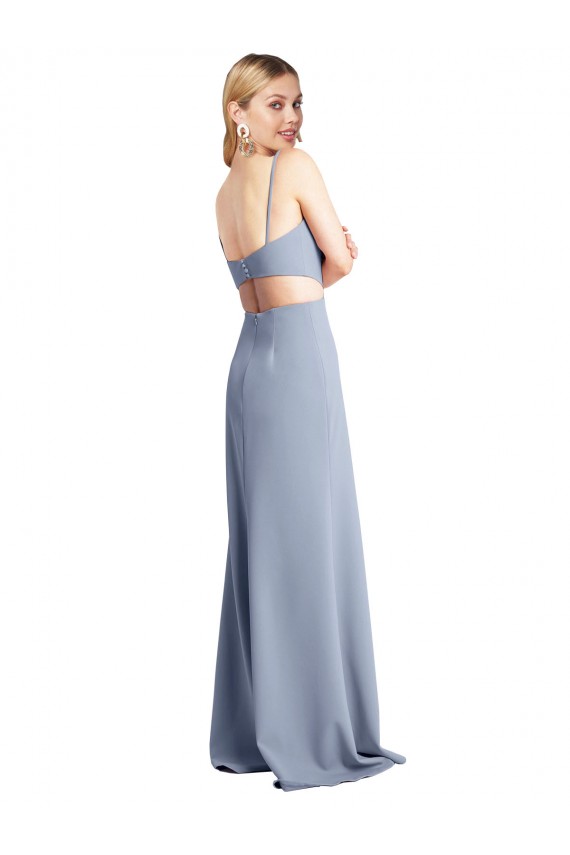 Mejores Azul humo línea A Tirantes espagueti Cucharón Crepé Elástico Largo Vestidos de dama de honor / Vestidos de fiesta