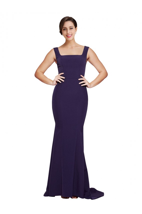Mejores Azul marina oscuro Cubierta Cuadrado Barrer tren Crepé Elástico Largo Vestidos de dama de honor / Vestidos de fiesta