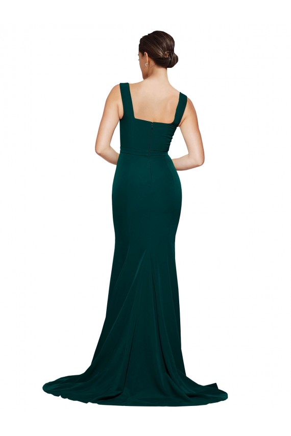 Mejores Verde Midnight Cubierta Cuadrado Barrer tren Crepé Elástico Largo Vestidos de dama de honor / Vestidos de fiesta