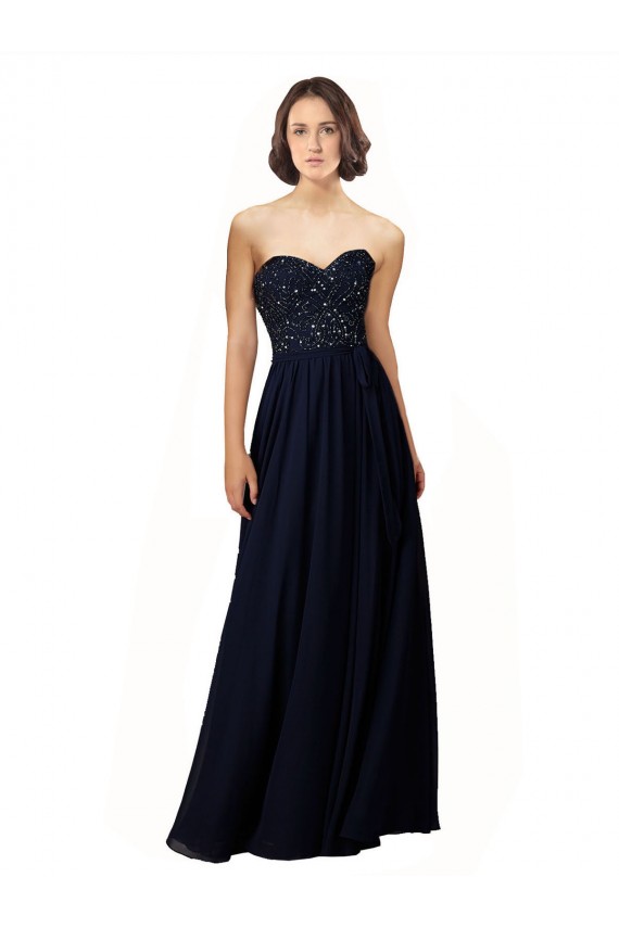 Mejores Azul marina oscuro Cubierta Cuello de Corazón Gasa Largo Vestidos de dama de honor