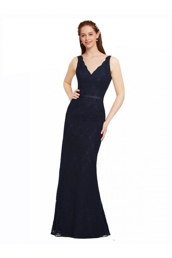 Mejores Azul marina oscuro Cubierta Cuello en V Encaje Largo Vestidos de dama de honor