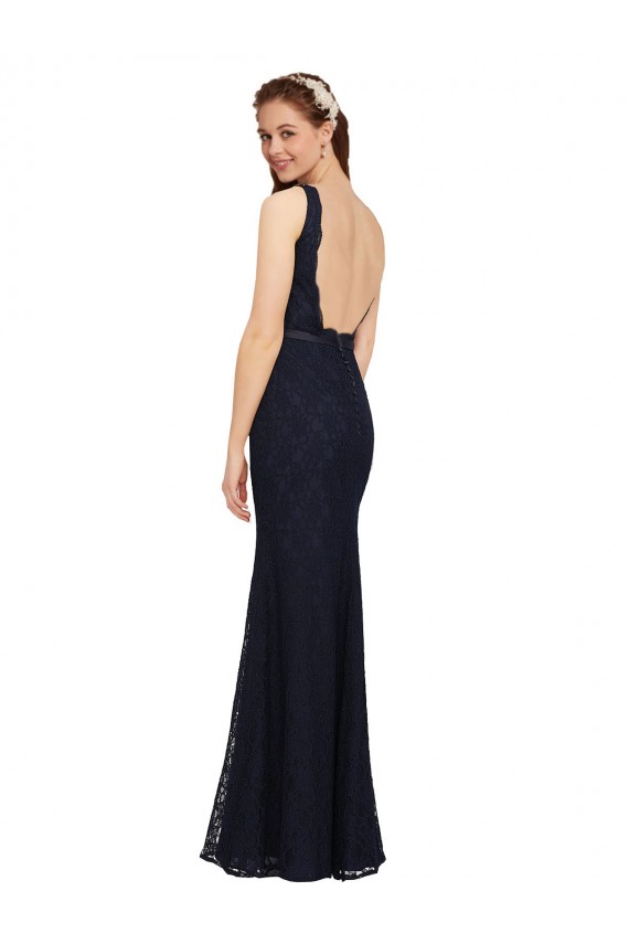 Mejores Azul marina oscuro Cubierta Cuello en V Encaje Largo Vestidos de dama de honor