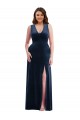 Mejores Azul marina oscuro Cubierta Cuello en V Terciopelo Elástico Largo Formales Vestidos de dama de honor / Vestidos de fiesta
