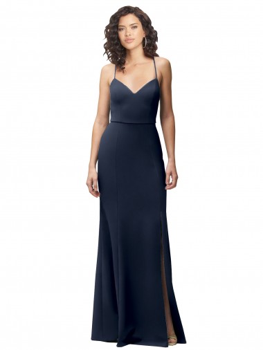 Mejores Azul marina oscuro Cubierta Tirantes espagueti Crepé Elástico Largo Formales Vestidos de dama de honor / Vestidos de fiesta