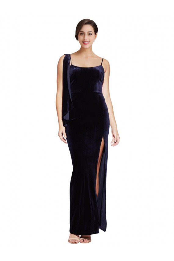 Mejores Azul marina oscuro Cubierta Tirantes espagueti Cuadrado Terciopelo Elástico Largo Formales Vestidos de dama de honor / Vestidos de fiesta