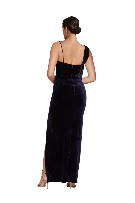 Mejores Azul marina oscuro Cubierta Tirantes espagueti Cuadrado Terciopelo Elástico Largo Formales Vestidos de dama de honor / Vestidos de fiesta