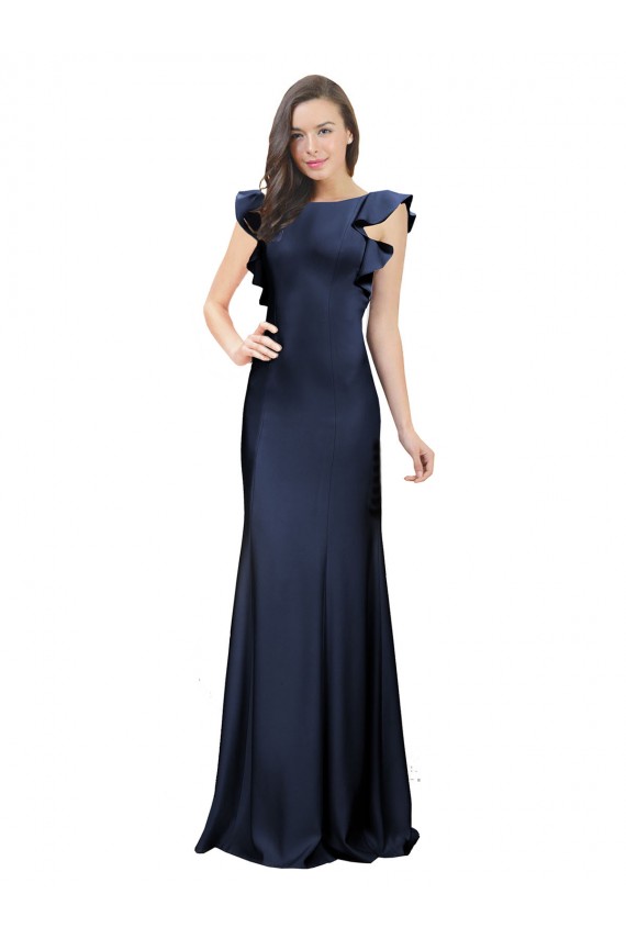 Mejores Azul marina oscuro Sirena Barco Crepé Elástico Largo Vestidos de dama de honor / Vestidos de fiesta