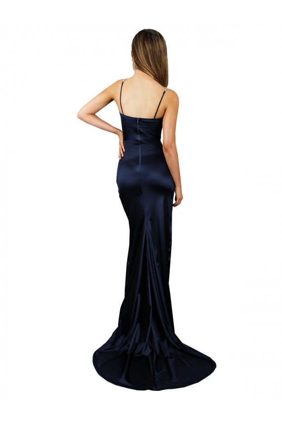 Mejores Azul marina oscuro Sirena Cuello de Corazón Satén elástico Largo Formales Vestidos de dama de honor / Vestidos de fiesta
