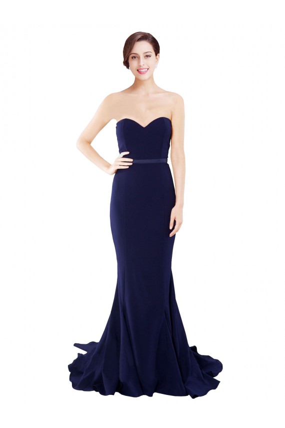 Mejores Azul marina oscuro Sirena Cuello de Corazón Sin tirantes Barrer tren Crepé Elástico Largo Vestidos de dama de honor / Vestidos de fiesta