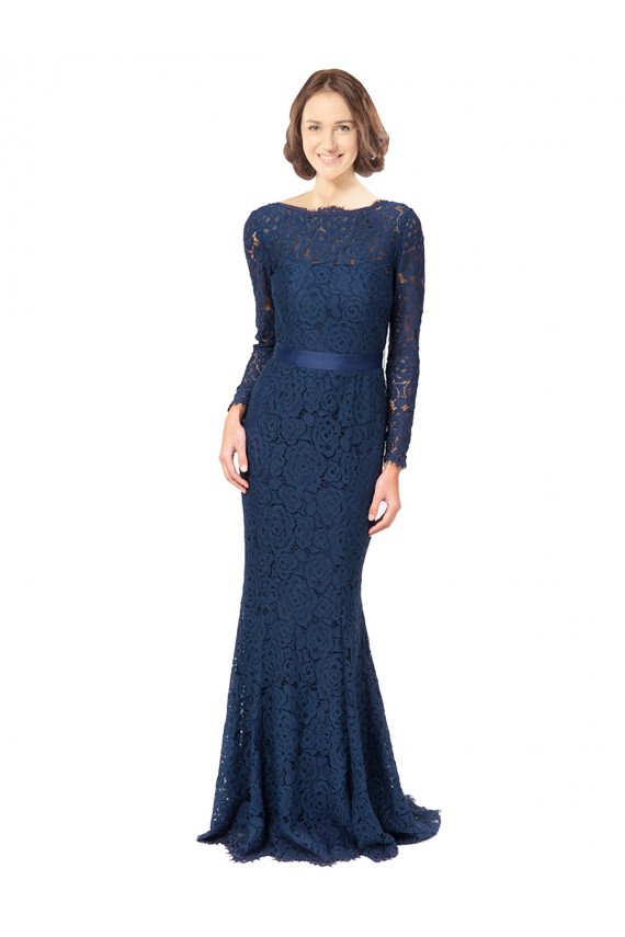 Mejores Azul marina oscuro Sirena Cuello joya Barrer tren Encaje Largo Vestidos de dama de honor