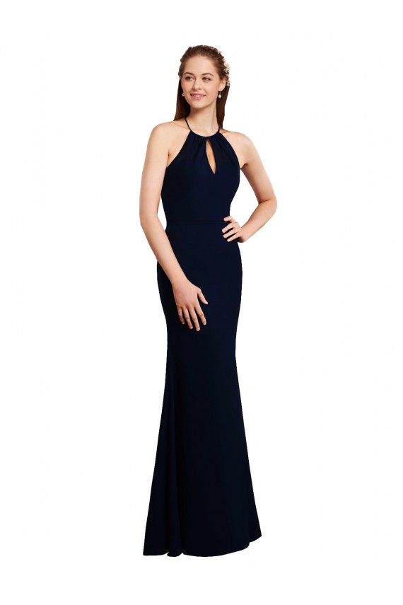 Mejores Azul marina oscuro Sirena Halter Gasa Largo Vestidos de dama de honor
