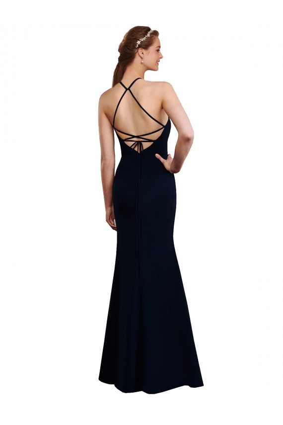 Mejores Azul marina oscuro Sirena Halter Gasa Largo Vestidos de dama de honor