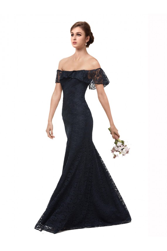 Mejores Azul marina oscuro Sirena Hombros Descubiertos Encaje Largo Vestidos de dama de honor / Vestidos de fiesta