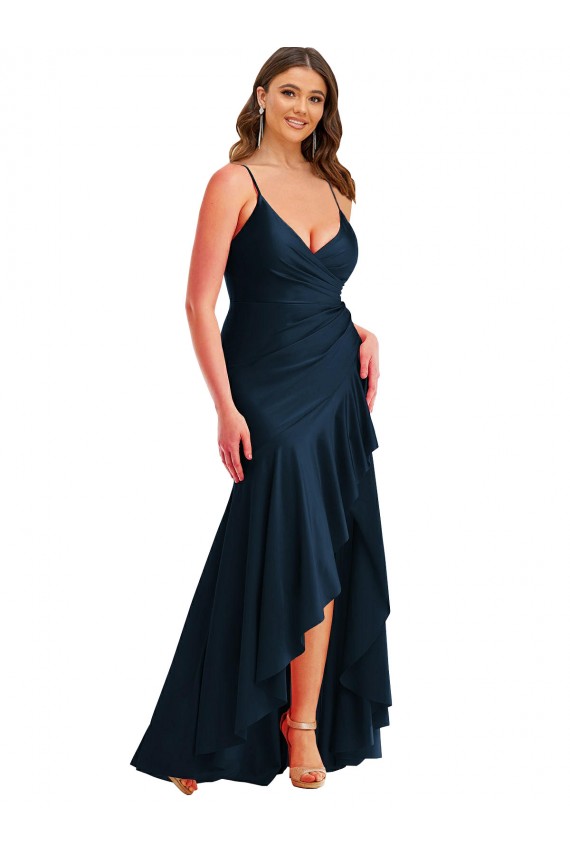 Mejores Azul marina oscuro Sirena Tirantes espagueti Satén sedoso Largo Asimétrico Formales Vestidos de dama de honor / Vestidos de fiesta