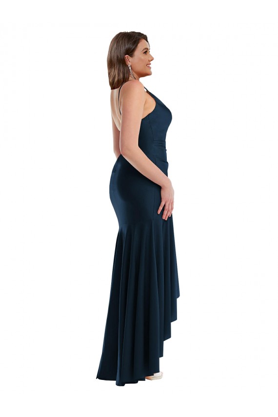 Mejores Azul marina oscuro Sirena Tirantes espagueti Satén sedoso Largo Asimétrico Formales Vestidos de dama de honor / Vestidos de fiesta