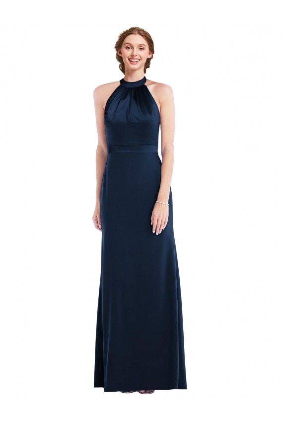 Mejores Azul marina oscuro Trompeta Cuello Alto Crepé Elástico Largo Vestidos de dama de honor / Vestidos de fiesta
