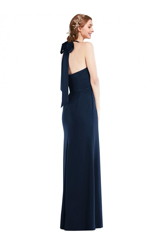 Mejores Azul marina oscuro Trompeta Cuello Alto Crepé Elástico Largo Vestidos de dama de honor / Vestidos de fiesta