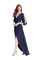 Mejores Azul marina oscuro Trompeta Cuello en V Gasa Largo Vestidos de dama de honor