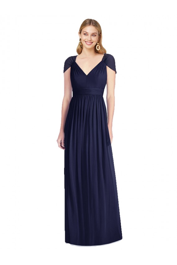 Mejores Azul marina oscuro Trompeta Cuello en V Gasa Largo Vestidos de dama de honor