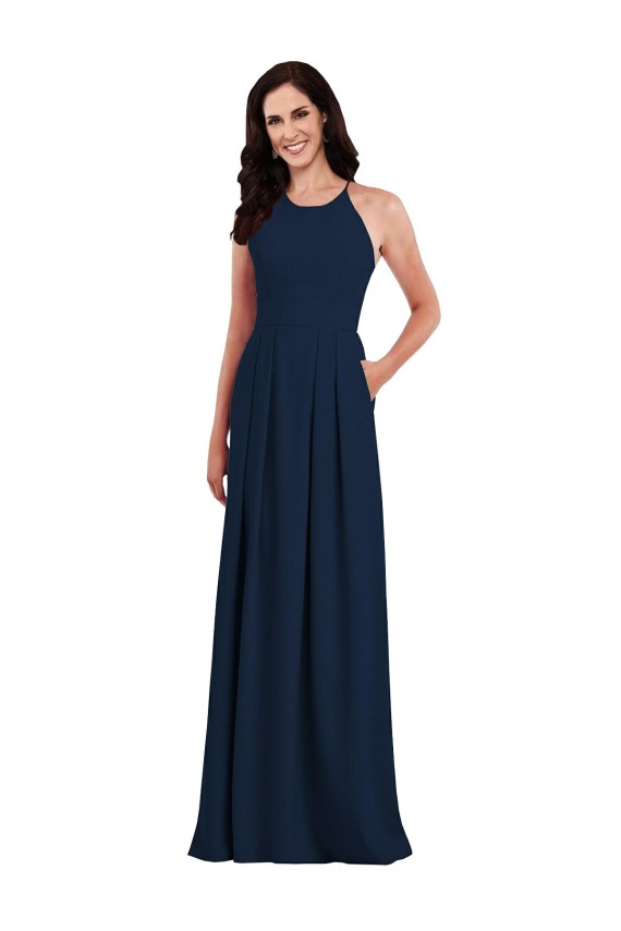 Mejores Azul marina oscuro Trompeta Halter Crepé Elástico Largo Vestidos de dama de honor