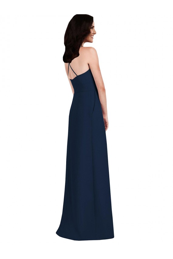 Mejores Azul marina oscuro Trompeta Halter Crepé Elástico Largo Vestidos de dama de honor