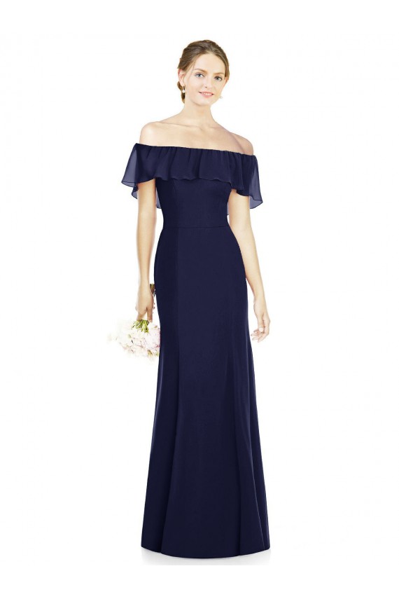 Mejores Azul marina oscuro Trompeta Hombros Descubiertos Gasa Largo Vestidos de dama de honor