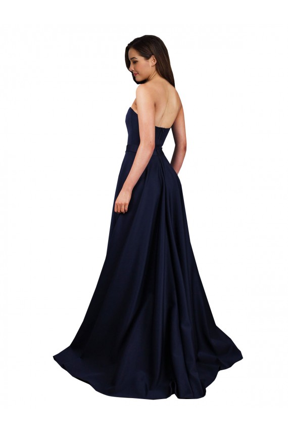 Mejores Azul marina oscuro línea A Cuello Alto Crepé Elástico Largo Formales Vestidos de dama de honor / Vestidos de fiesta