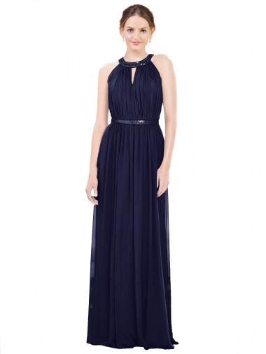 Mejores Azul marina oscuro línea A Cuello Alto Gasa Largo Vestidos de dama de honor