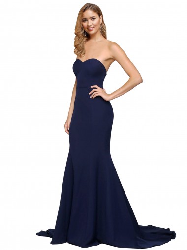 Mejores Azul marina oscuro línea A Cuello de Corazón Barrer tren Crepé Elástico Largo Formales Vestidos de dama de honor / Vestidos de fiesta