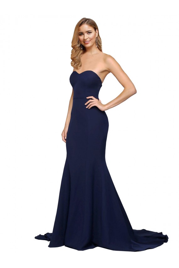 Mejores Azul marina oscuro línea A Cuello de Corazón Barrer tren Crepé Elástico Largo Formales Vestidos de dama de honor / Vestidos de fiesta