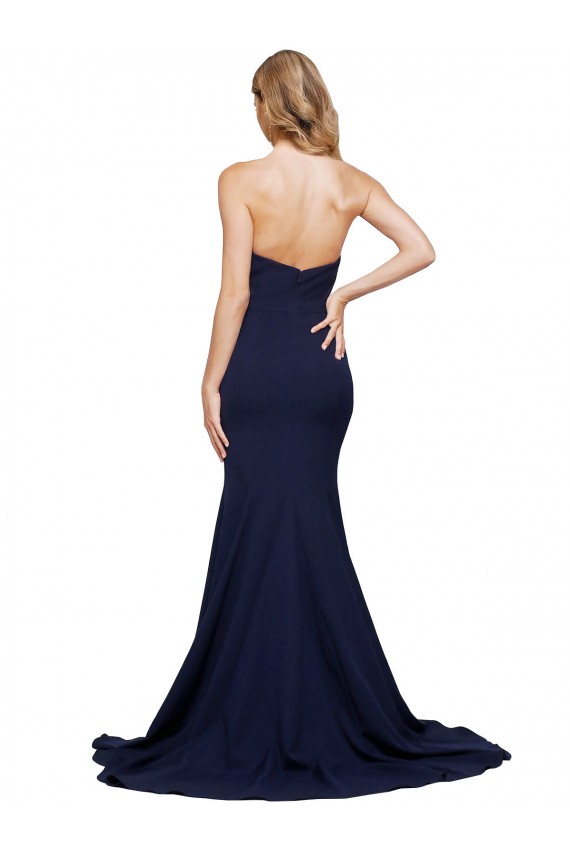 Mejores Azul marina oscuro línea A Cuello de Corazón Barrer tren Crepé Elástico Largo Formales Vestidos de dama de honor / Vestidos de fiesta