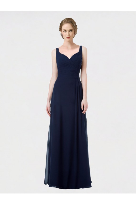 Mejores Azul marina oscuro línea A Cuello de Corazón Gasa Largo Vestidos de dama de honor